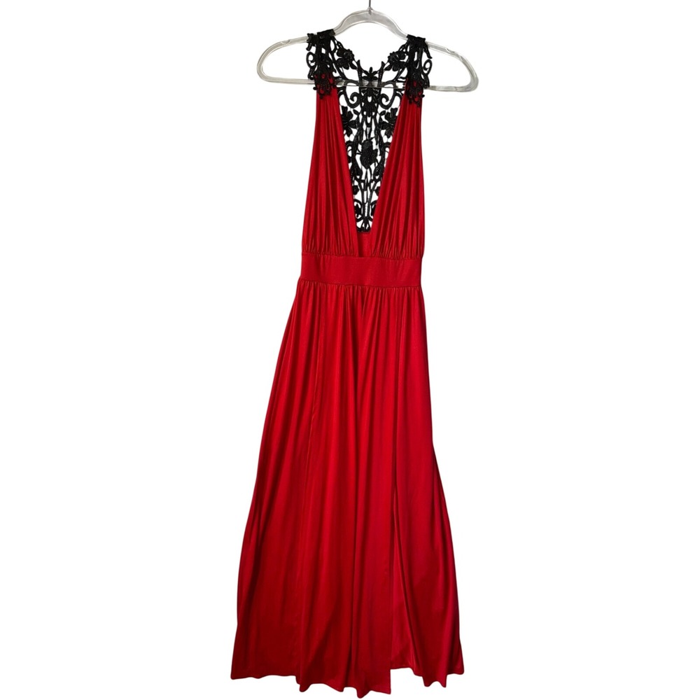 Sexy Red Maxi Dress Black Lace Plunge V Neck Sleeveless Evening Gown Small‎ Y2K